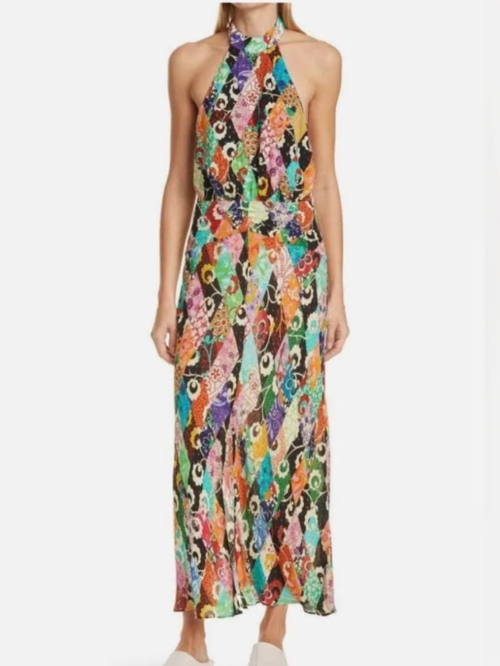 RIXO Halter-Neck Multi-Color Patterned Bohemian Maxi Dress